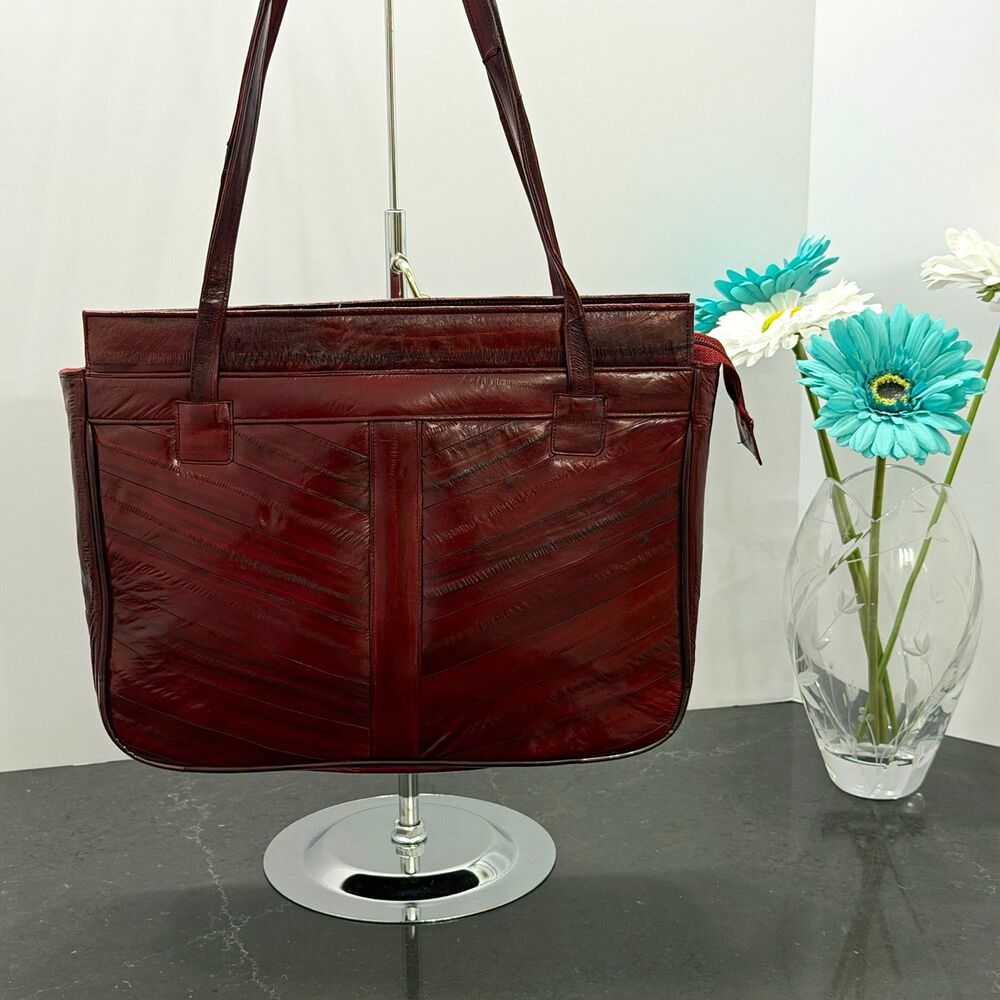 Vintage Genuine Eel Skin Handbag Burgundy Oxblood Made in Korea Patchwork